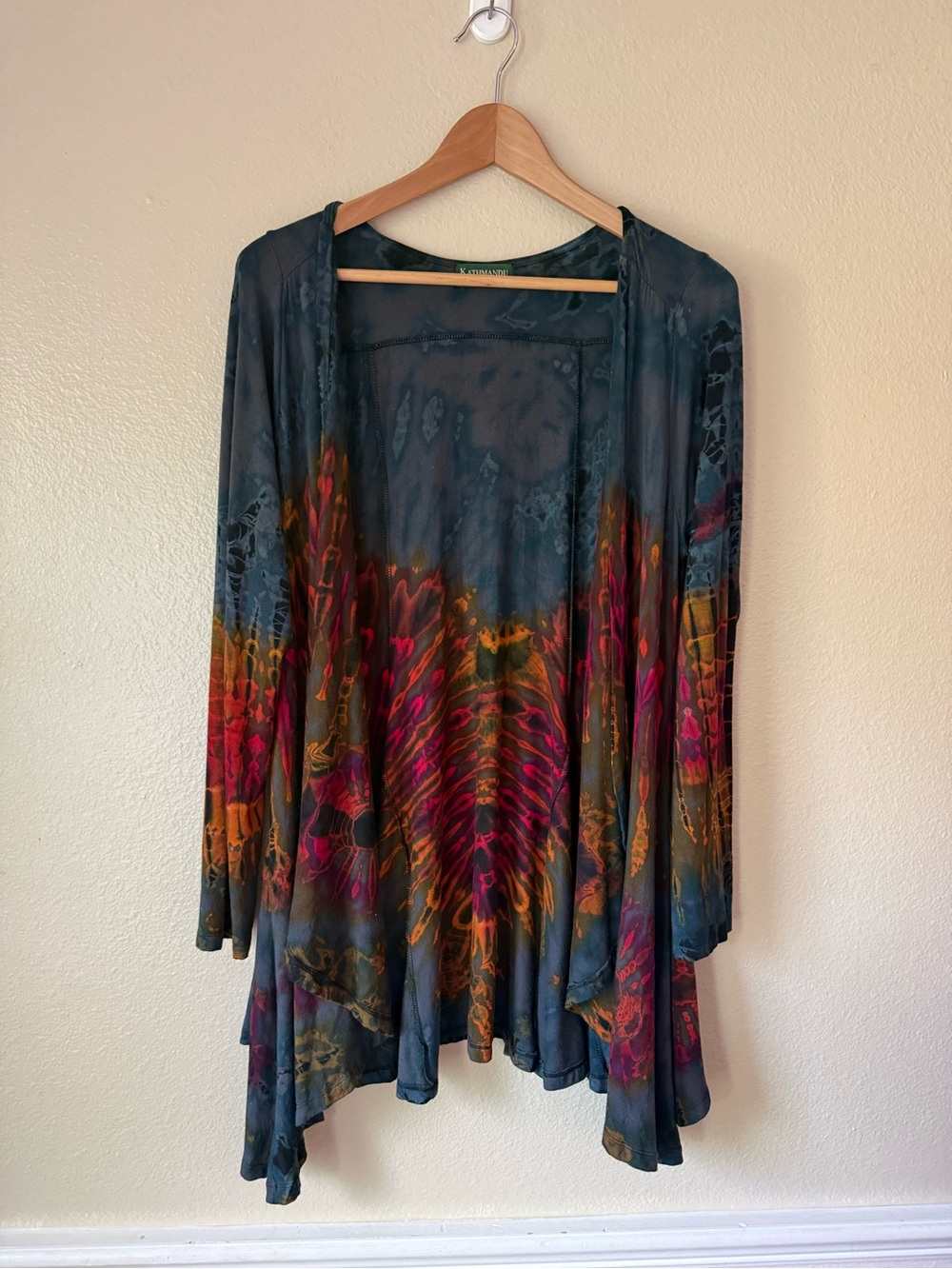 Kathmandu Dark Teal Tunic Cardigan with Pink and Orange Print